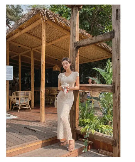 Summer High Quality Korean Simple Hollow Out Vest Knit Sweater Dress Women Japanese Gentle V-Neck Slim Elastic Knit Long Dress - Lootquake