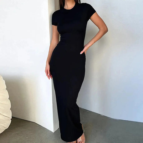 Solid Black White Skinny Long Dress Women's Summer Fashion Plain Bodycon Maxi Tshirt Dress Ladies Simple Casual Slim Dresses - Lootquake