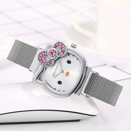 Hello Kitty Diamond  Watch Cat Bow Kawaii Pink Ladies Gold Sliver Metal Jewelry Cartoon Magnetic Watch Girlfriend Birthday - Lootquake