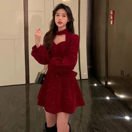 Women's Long Dress Autumn And Winter Dress Christmas High-end Neck Elegant Slim - Lootquake