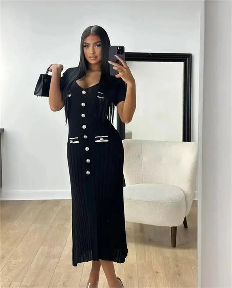 Office Lady Elegant Knitted Long Dress Summer Short Sleelve V Neck Single Breasted Bodycon Dresses Women Party Fashion Vestidos - Lootquake