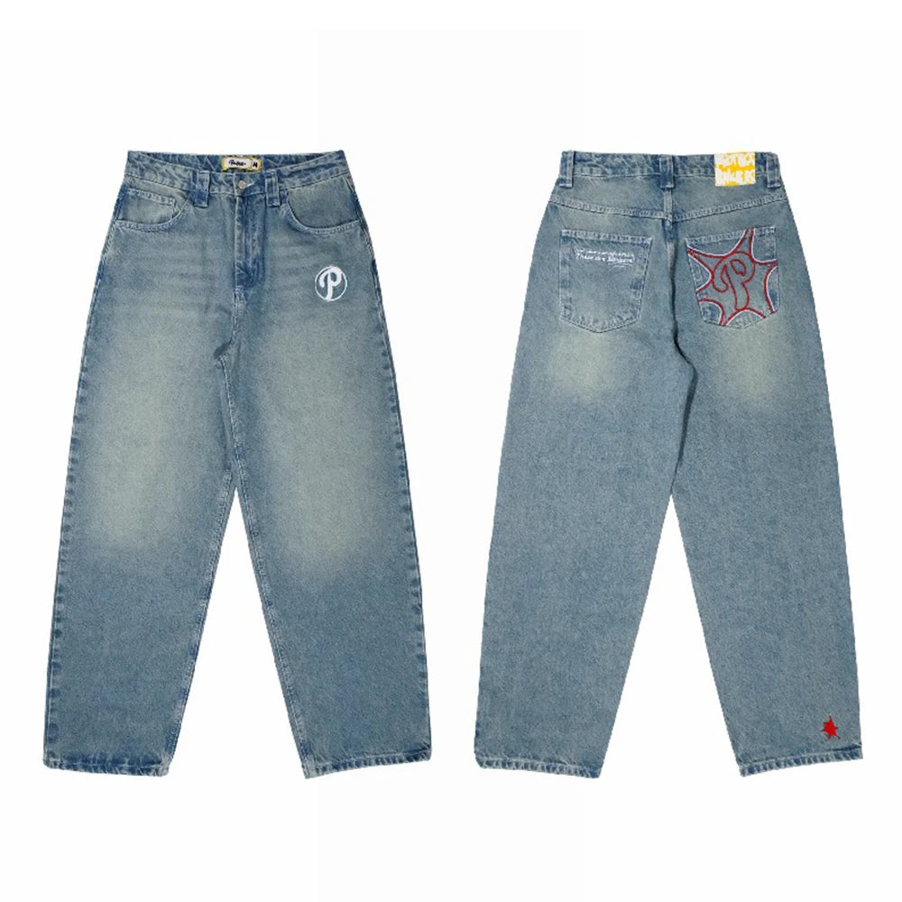 Streetwear Jeans Y2K Men Women Clothes Harajuku Hip Hop Letter Embroidered Vintage Blue Baggy Jeans High Waist Wide Leg Trousers - Lootquake