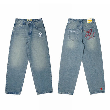 Streetwear Jeans Y2K Men Women Clothes Harajuku Hip Hop Letter Embroidered Vintage Blue Baggy Jeans High Waist Wide Leg Trousers - Lootquake