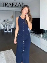 TRAFZA Women Elegant Solid Sleeveless Knitted Long Dress Fashion Single Breasted O Neck Dresses Female Chic Slim Midi Tank Dress - Lootquake