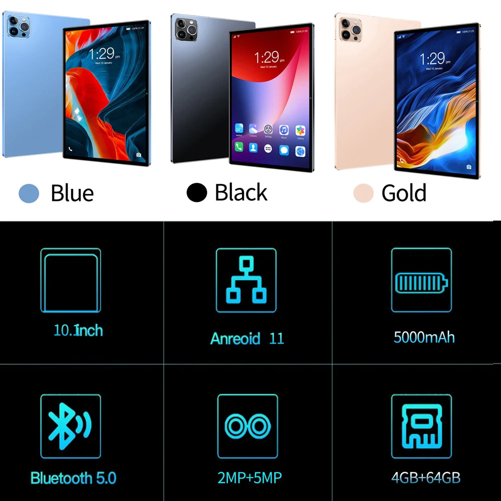 Nouvelle tablette Android 10,1 pouces mondiale avec huit cœurs, 4 Go 64 Go ROM, deux caméras, deux cartes SIM, tablette 3G, Android 11