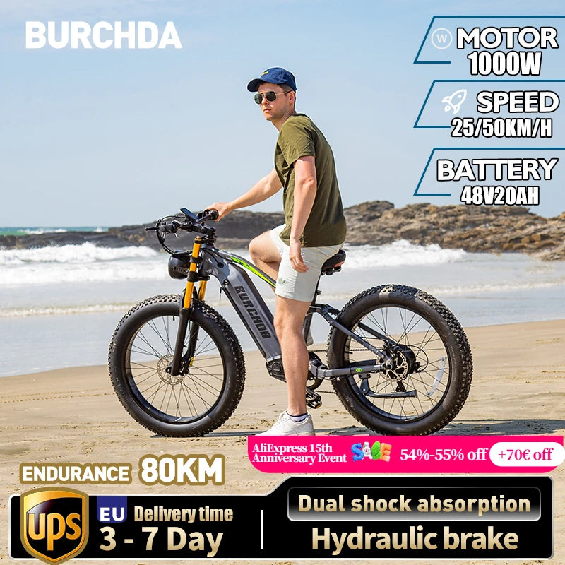 Bicicleta eléctrica de montaña Burchda RX80 de 1000 W y 50 km/h, batería de litio de 48 V y 20 Ah, de 26 pulgadas, para adultos.