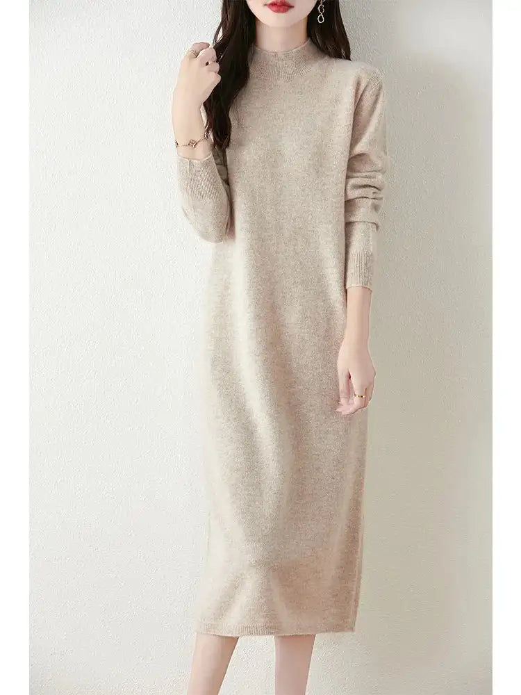 Autumn Winter Women's Wool Long Dress Cashmere Mock Neck Pullover Sweater 100% Merino Wool Soft Knitwear OL Simple Basic Dress - Lootquake