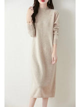 Autumn Winter Women's Wool Long Dress Cashmere Mock Neck Pullover Sweater 100% Merino Wool Soft Knitwear OL Simple Basic Dress - Lootquake