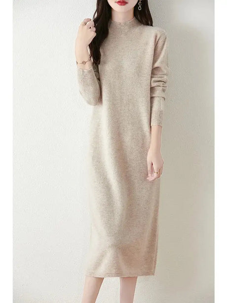 Autumn Winter Women's Wool Long Dress Cashmere Mock Neck Pullover Sweater 100% Merino Wool Soft Knitwear OL Simple Basic Dress - Lootquake