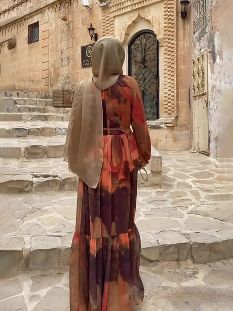 Eid Chiffon Muslim Party Dress for Women Ramadan Print Abaya Long Dress Belt Morocco Vestidos Largos Dubai Robe Jalabiya 2024 - Lootquake