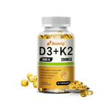 Cápsulas de vitamina D3 (5000 UI) y 200 mcg de vitamina K2 (MK-7) para la absorción de calcio, la regeneración ósea y el refuerzo inmunitario. Fáciles de disolver.
