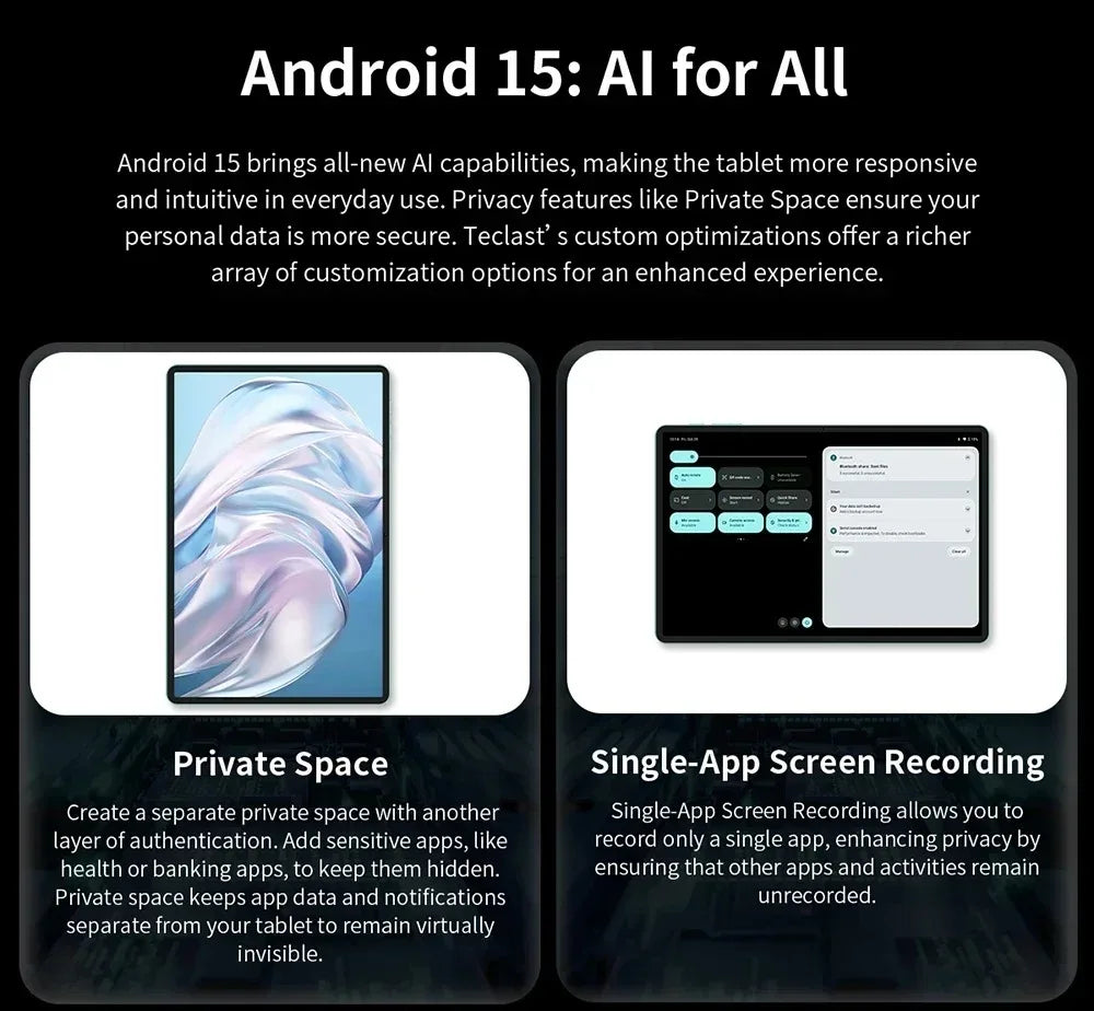 Nouvelle tablette Teclast T60 AI Allwinner A733 Octa-Core 12 pouces 2K HD TDDI écran 6 Go RAM 128 Go ROM Android 15 WiFi6 8000 mAh 13MP + 5MP