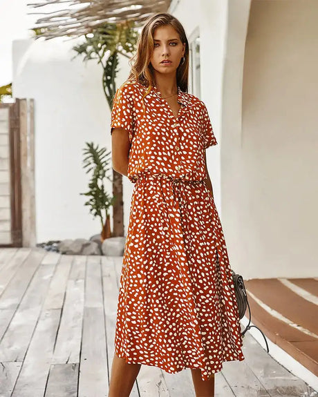 Vintage Floral Print Dress Women Boho Short Sleeve Long Dress Turn Down Collar Casual Waistband Shirt Dresses Robe 2021 Summer - Lootquake