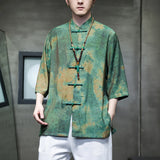M-5XL Plus Size Mens Chinese Traditional Floral Printed Tang Shirts Frog Button Down Kong Fu Half Sleeve Summer Clothing XXXXXL - Lootquake