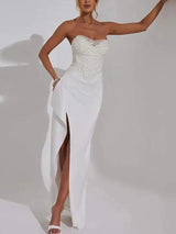 Satin Shiny Sequins Party Long Dress Women Sexy Strapless Sleeveless Backless High Split Dresses 2025 INS Lady Evening Gown - Lootquake