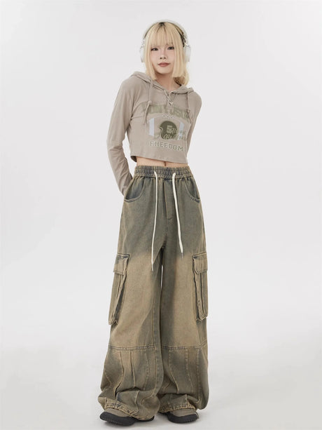 Autumn Winter New Ladies Cargo Jeans American Street Style Baggy Cargo Pants Women Blue Multi-pocket Wide Leg Jeans for Women - Lootquake