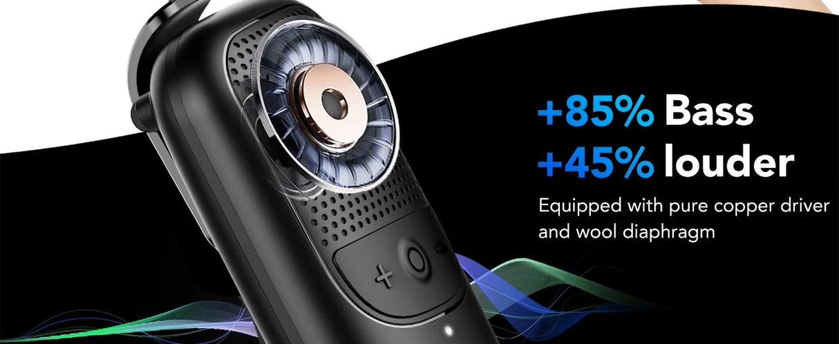 Altavoz Bluetooth inalámbrico portátil con clip y micrófono incorporado, ideal para deportes al aire libre.