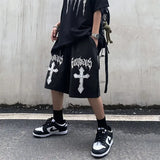 National tide dark cross print casual shorts men's loose hiphop American street hip-hop style five-point pants y2k shorts men - Lootquake
