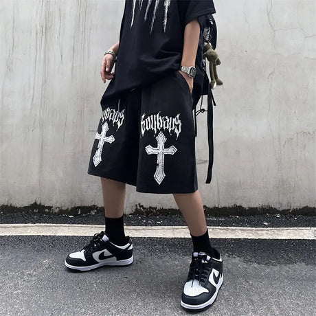 National tide dark cross print casual shorts men's loose hiphop American street hip-hop style five-point pants y2k shorts men - Lootquake