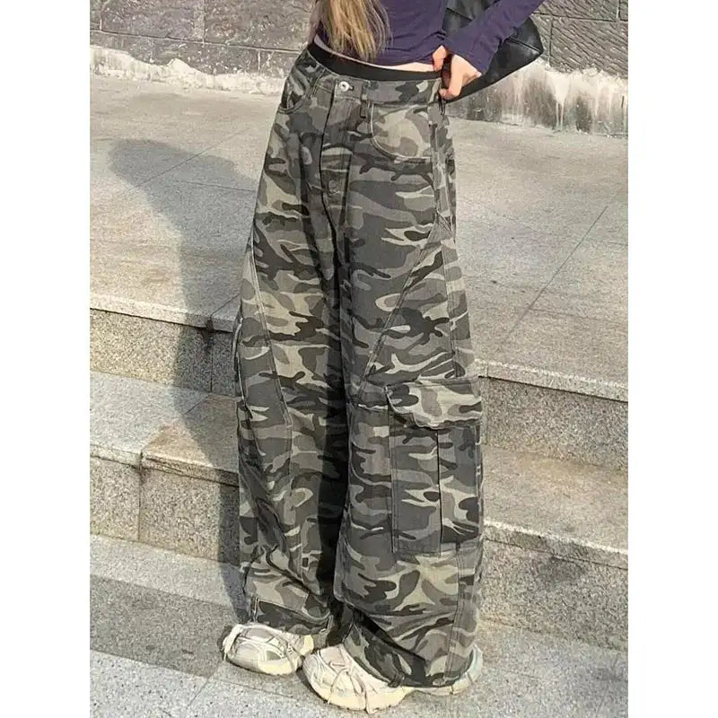 Autumn Winter New Low Rise Jeans Y2k Ladies American High Street Baggy Pants Woman Camouflage Drawstring Mop Jeans for Women - Lootquake
