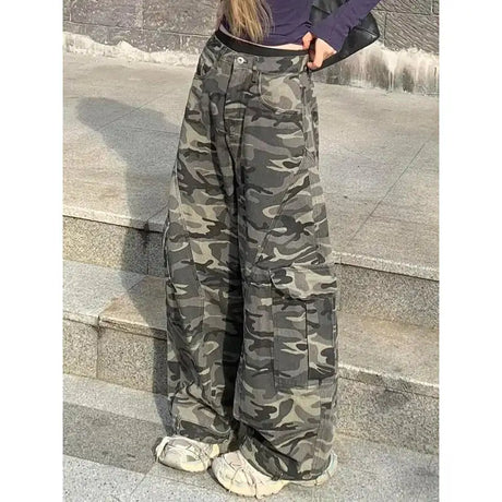 Autumn Winter New Low Rise Jeans Y2k Ladies American High Street Baggy Pants Woman Camouflage Drawstring Mop Jeans for Women - Lootquake