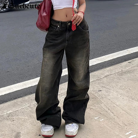 SUCHCUTE Low Waist Jeans for Women Goth Y2k Style Baggy Jeans Punk New Jeans Wide Leg Denim Pants Kpop Casual Loose Streetwear - Lootquake