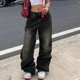 SUCHCUTE Low Waist Jeans for Women Goth Y2k Style Baggy Jeans Punk New Jeans Wide Leg Denim Pants Kpop Casual Loose Streetwear - Lootquake