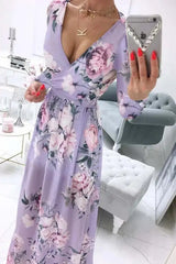 Amazon eBay Cross border 2024 Summer Chiffon Printed Long Dress V-neck Dress Long Sleeve Split Dress Women - Lootquake
