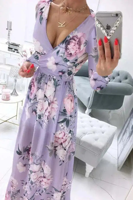 Amazon eBay Cross border 2024 Summer Chiffon Printed Long Dress V-neck Dress Long Sleeve Split Dress Women - Lootquake