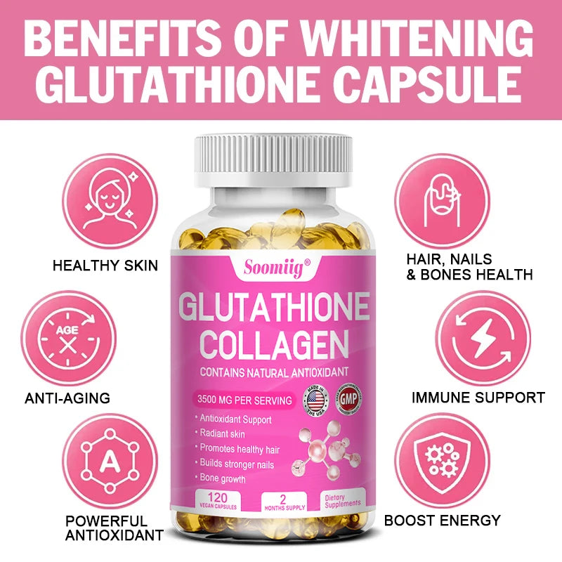 Cápsulas de colágeno con glutatión: aclaran la piel y previenen el envejecimiento. Favorecen la salud del cabello, la piel y las uñas. Sin OMG. Suplemento de glutatión.