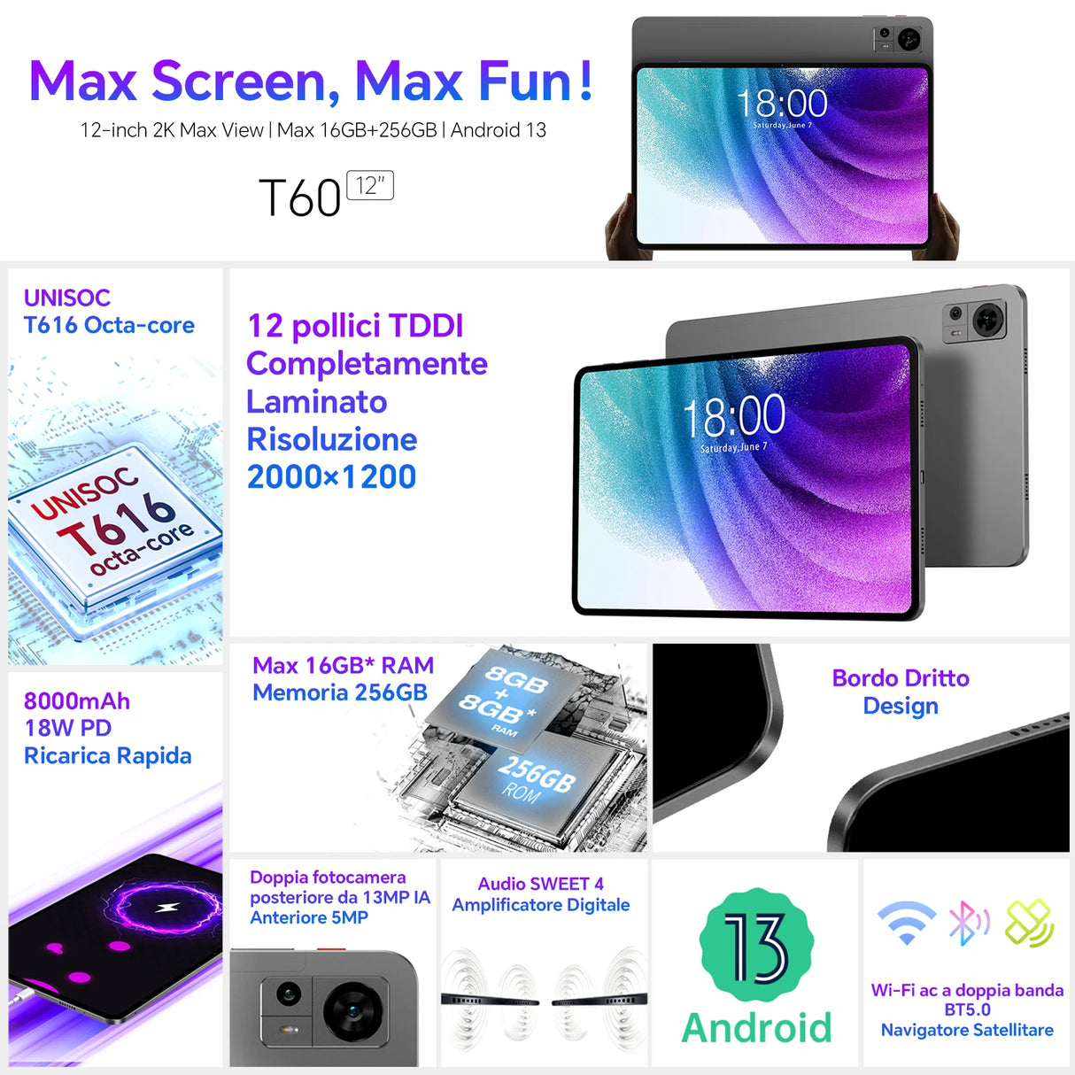 Écran extra large, tablette TECLAST T60, 12'' 2K FHD 2000x1200, Android 13, (8GB + 8GB) 16GB RAM, ROM 256GB, 8000mAh, charge rapide UNISOC T616 8 cœurs 4G VoLTE Wifi 13MP + 5MP