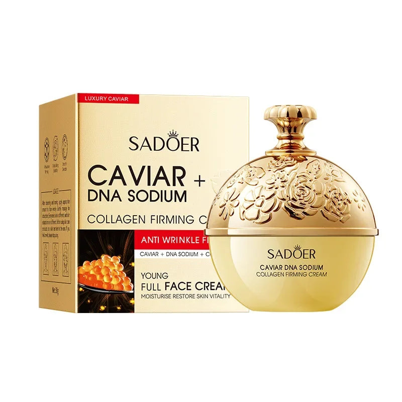 Crema facial antiarrugas con colágeno, perla, reafirmante, caviar, ADN, colágeno sódico, hidratante, suavizante y aclarante. Producto para el cuidado de la piel.