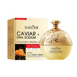 Crema facial antiarrugas con colágeno, perla, reafirmante, caviar, ADN, colágeno sódico, hidratante, suavizante y aclarante. Producto para el cuidado de la piel.
