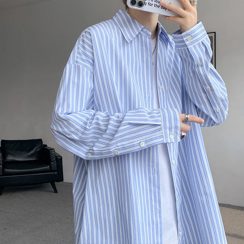 Camisa de rayas azules para hombre, camisa de vestir de la Sociedad de la Moda para hombre, camisa coreana holgada de manga larga, camisas casuales para hombre, talla grande 5XL