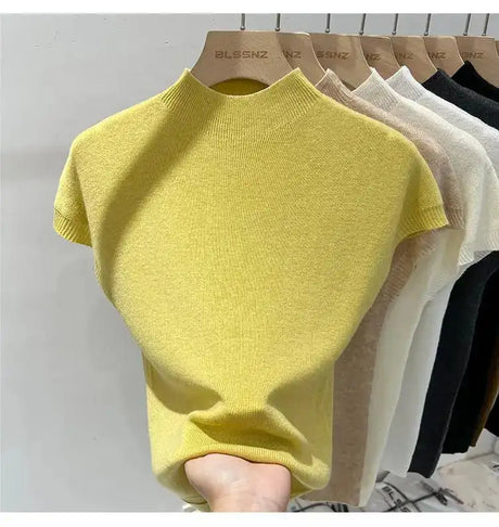 Half High Collar T-shirts Flying Sleeve Design Slim Knitted Sleeveless Top Women Simple Comfortable White T-shirts Summer 2025 - Lootquake