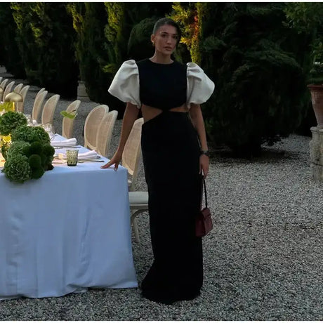 Elegant Puff Sleeve Long Dress For Women 2025 Sexy Hollow Out Waist Evening Party Dresses Female Vacation Lady Chic Beach Robe - Lootquake