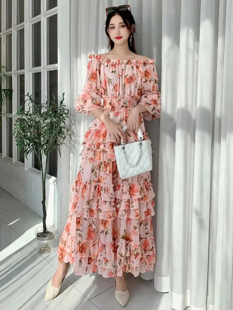 Summer New Off Shoulder  Wrap Waist to Show Thin A-line Fragmented Cake Dress Women's Beach Vacation Chiffon Long Dress GD820 - Lootquake