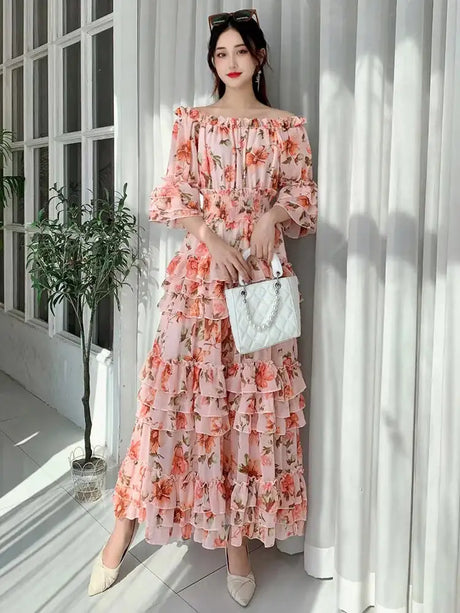 Summer New Off Shoulder  Wrap Waist to Show Thin A-line Fragmented Cake Dress Women's Beach Vacation Chiffon Long Dress GD820 - Lootquake