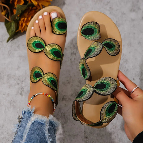 Yellow Embroidered Faux Flower Fashion Sandals Flat Plus Size 43 Summer Outdoor Beach Shoes Travel Mom Shoes - Lootquake