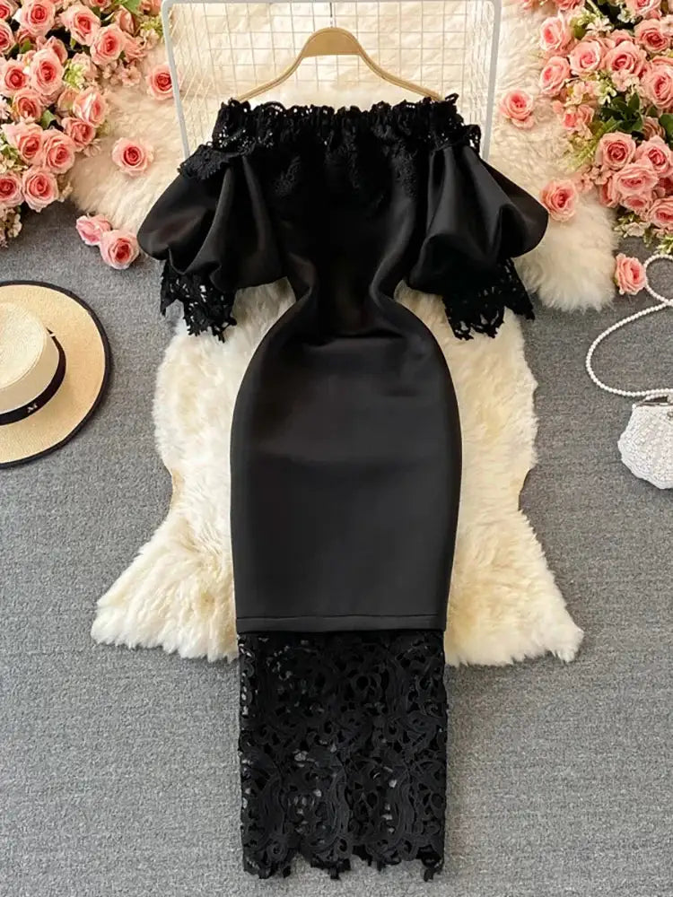 Sexy Hollow Out Lace Bodycon Long Dress Women Elegant Red/Pink/White Off Shoulder Patchwork Maxi Party Vestidos 2021 Autumn New
