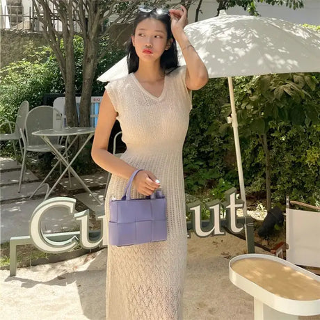 Summer High Quality Korean Simple Hollow Out Vest Knit Sweater Dress Women Japanese Gentle V-Neck Slim Elastic Knit Long Dress - Lootquake