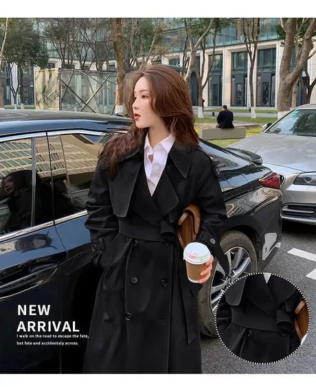 Streetwear Loose Trench Coat Midi Length Fashion Korean Elegant Khaki Black Women's Windbreaker Coat Casual Double Breasted Tops - Lootquake