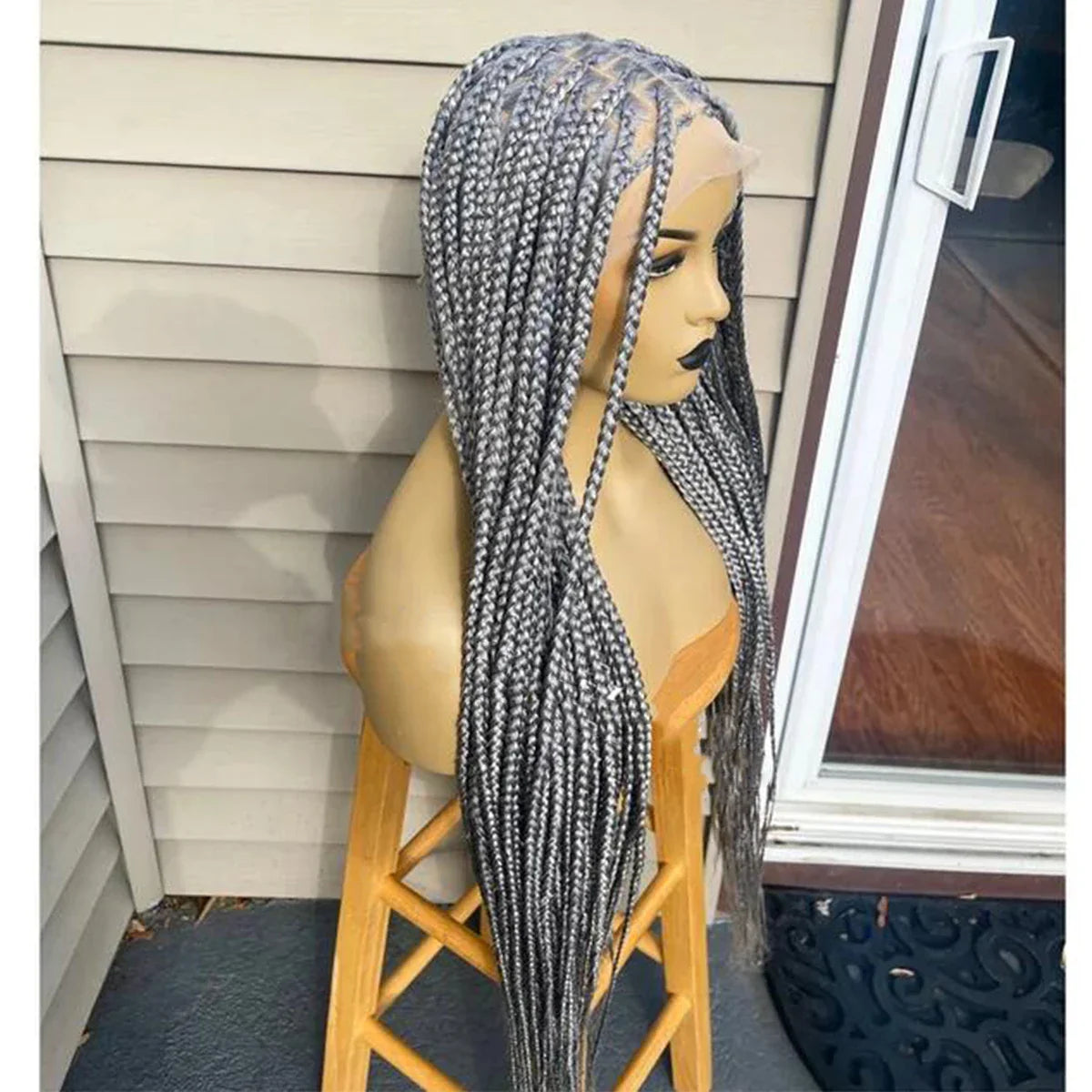 28" Platinum Grey Box Braided Wig | Full Lace | Kanekalon Synthetic Hair | Choose Lace Color