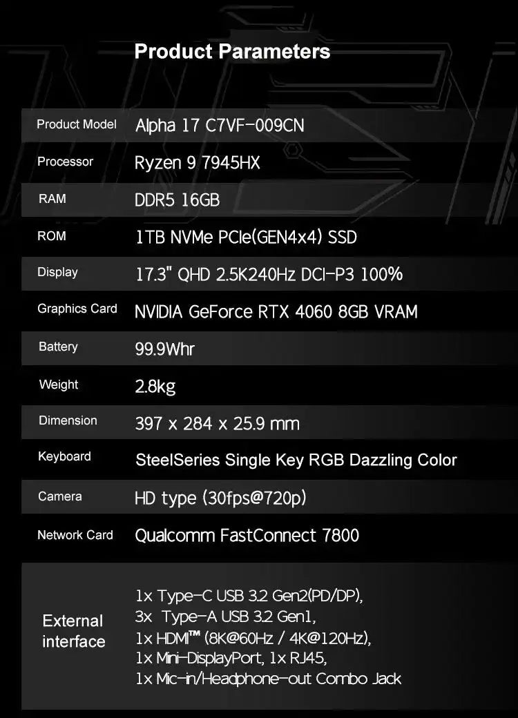 Portátil para juegos MSI Alpha 17 de 17,3 pulgadas QHD 2,5K 240 Hz IPS con AMD Ryzen R9-7940HX, 16 GB, 1 TB, RTX 4070