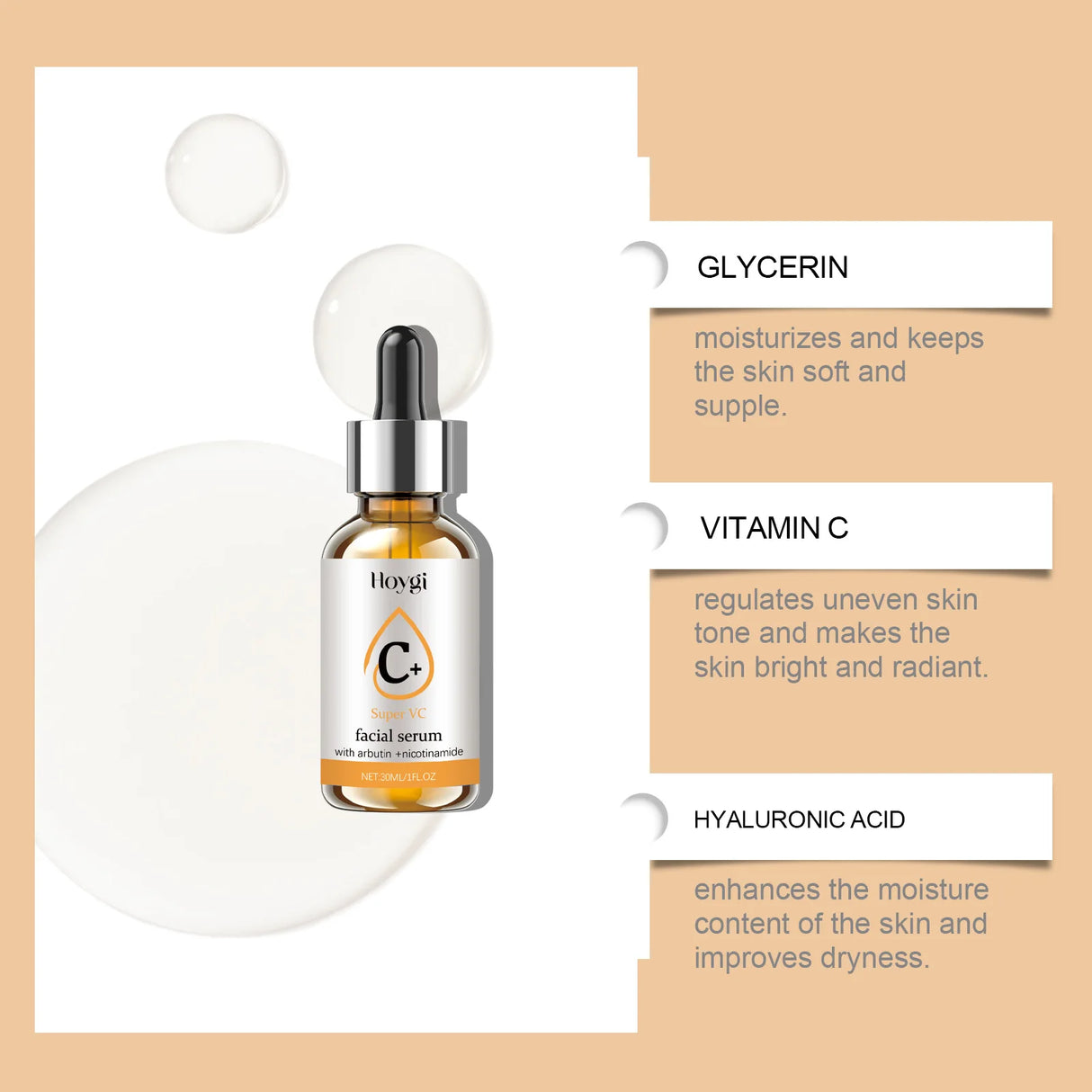 Esencia facial con vitamina C: Hidrata la piel del rostro, refina los poros y mejora la textura de la piel.