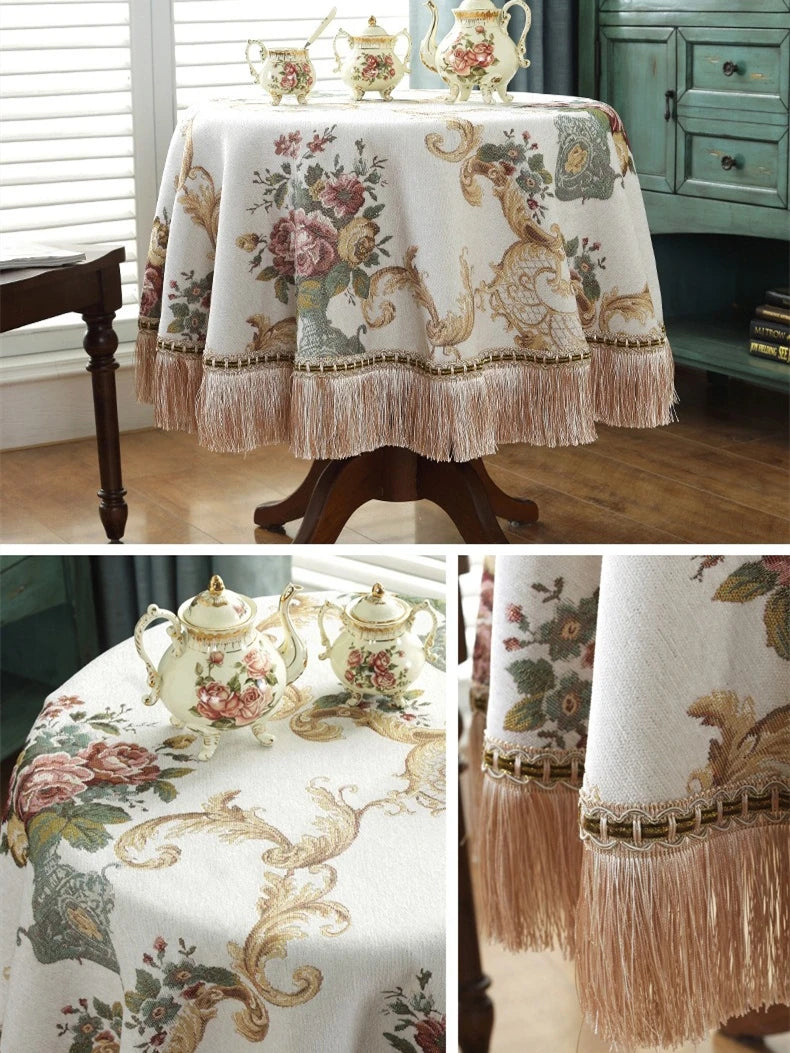 European Retro Style Jacquard Tablecloth Chenille  Tassels Home Furnishings Living Room Decorate Dustproof Round Tablecloth
