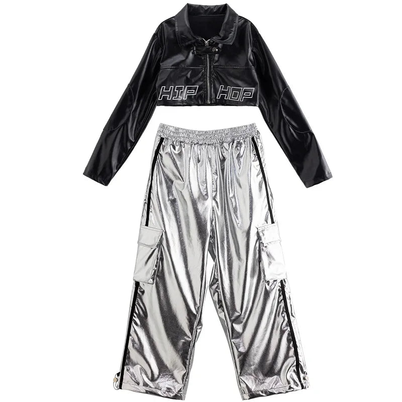 Girls Jazz Dance Hip Hop Outfit Child Model Catwalk Stage Dance Show Costume Black Navel Top White Trousers - Lootquake