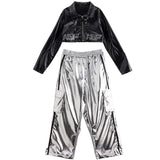 Girls Jazz Dance Hip Hop Outfit Child Model Catwalk Stage Dance Show Costume Black Navel Top White Trousers - Lootquake