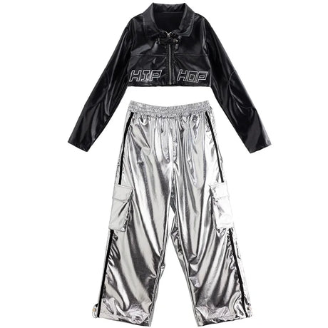 Girls Jazz Dance Hip Hop Outfit Child Model Catwalk Stage Dance Show Costume Black Navel Top White Trousers - Lootquake