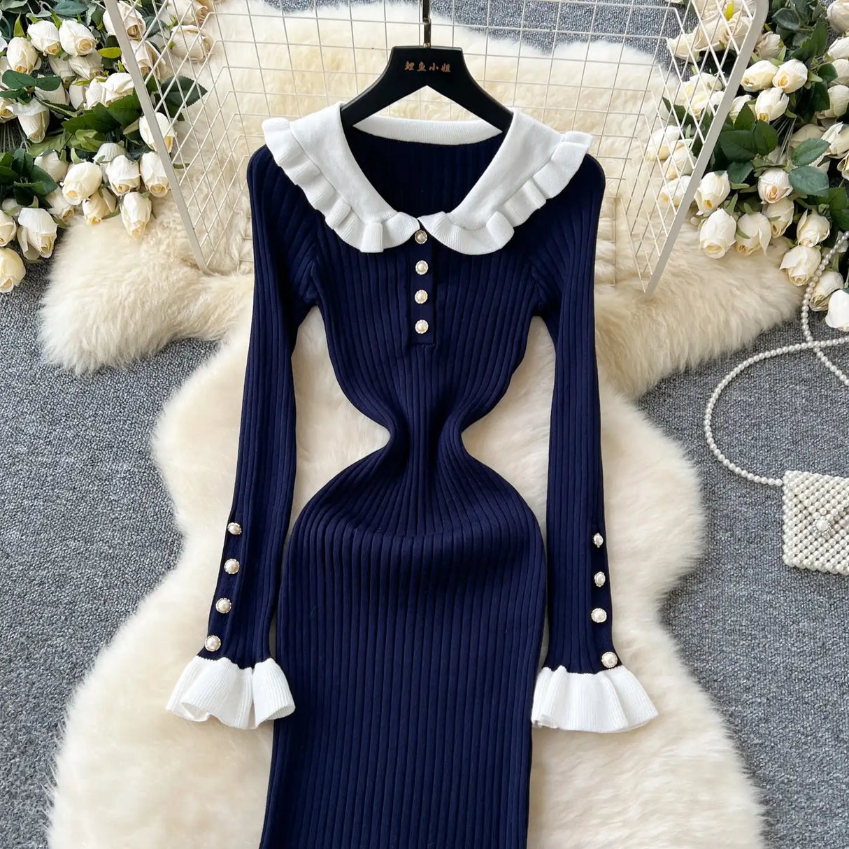 SINGREINY 2024 Hotsweet Slim Autumn Dress Women Peter pan Collar Long Sleeves Patchwork Preppy Style Mermaid Sweater Long Dress - Lootquake
